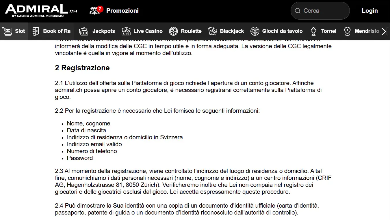 Condizioni Admiral.ch con l'elenco dei documenti per la verifica dell'identità