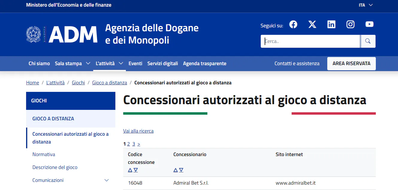 Registro ADM con Admiral Bet S.r.l., concessione 16048 e dominio admiralbet.it