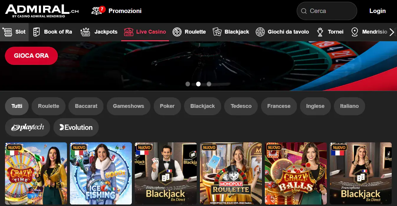 Sezione live casino di Admiral.ch con tavoli e categorie visibili