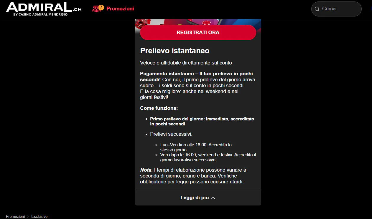 Pagina ufficiale Admiral.ch con il claim sul prelievo istantaneo
