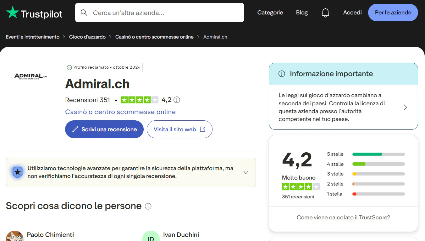 Profilo Trustpilot di Admiral.ch con punteggio e numero di recensioni correnti