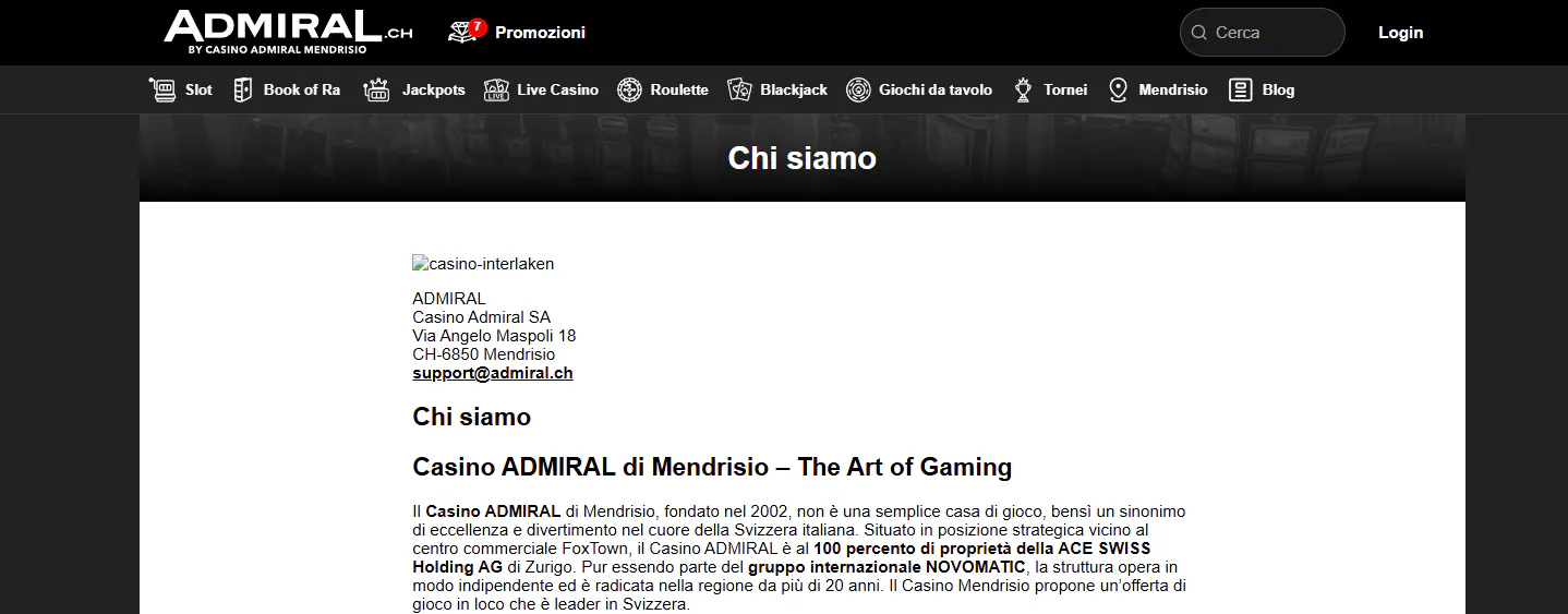 Schermata ufficiale di Admiral.ch che identifica Casino ADMIRAL Mendrisio