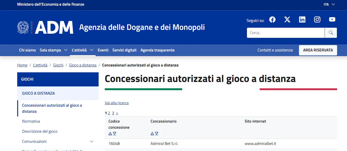 Schermata del registro ADM con il risultato Admiral Bet S.r.l. e il dominio admiralbet.it
